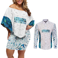 Custom New Zealand Aotearoa Couples Matching Off Shoulder Short Dress and Long Sleeve Button Shirt Maori Paua Shell Indigenous - Polynesian Pride