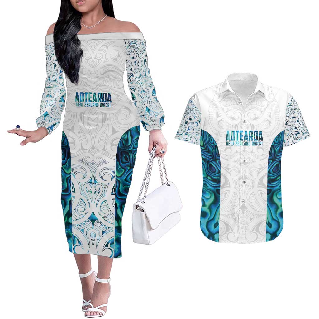 Custom New Zealand Aotearoa Couples Matching Off The Shoulder Long Sleeve Dress and Hawaiian Shirt Maori Paua Shell Indigenous - Polynesian Pride