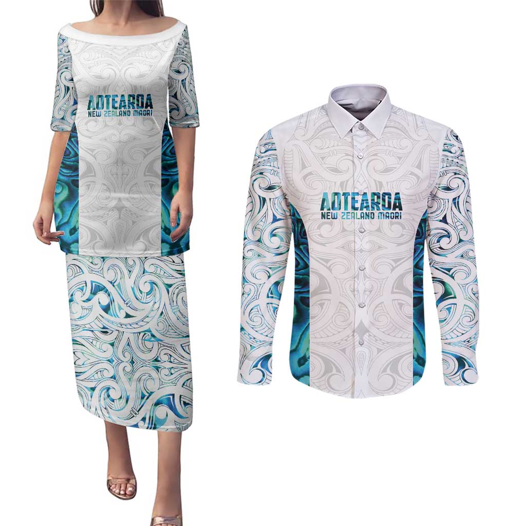 Custom New Zealand Aotearoa Couples Matching Puletasi and Long Sleeve Button Shirt Maori Paua Shell Indigenous - Polynesian Pride