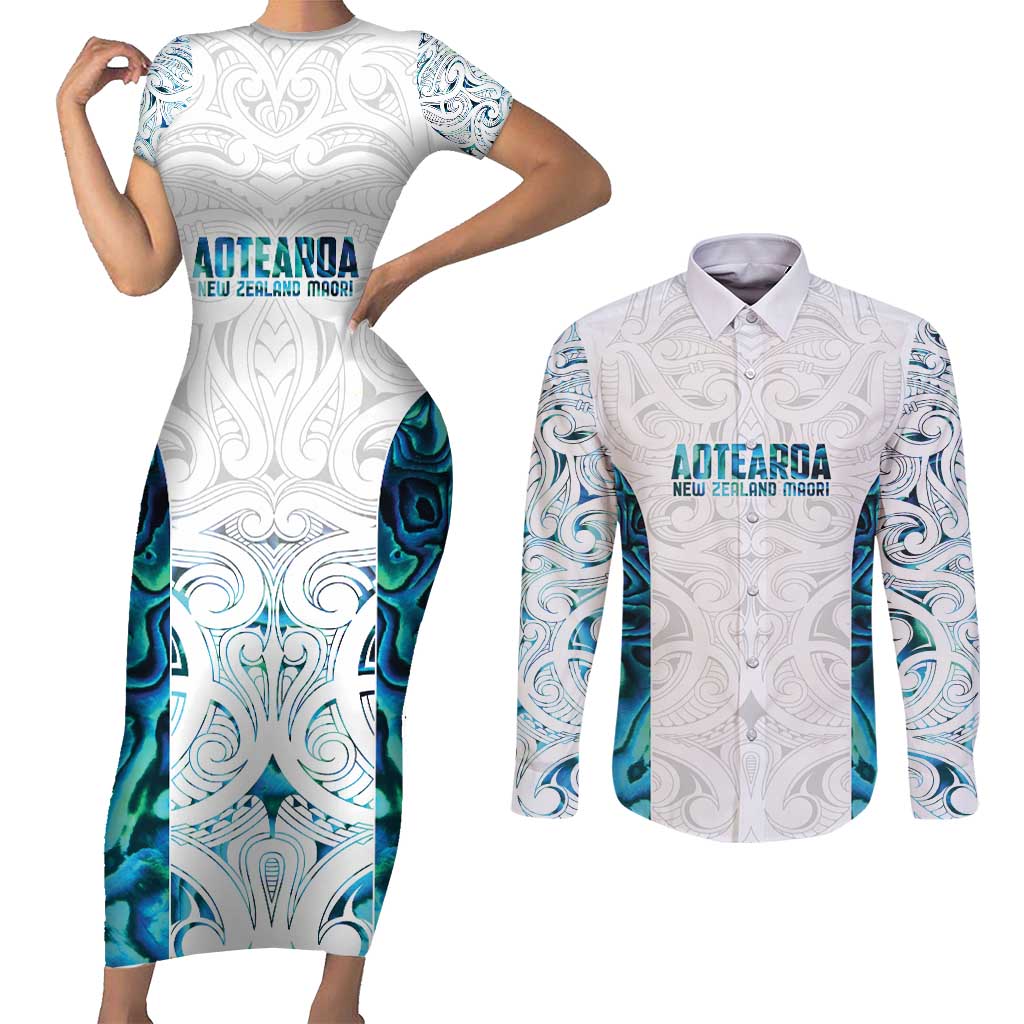 Custom New Zealand Aotearoa Couples Matching Short Sleeve Bodycon Dress and Long Sleeve Button Shirt Maori Paua Shell Indigenous - Polynesian Pride