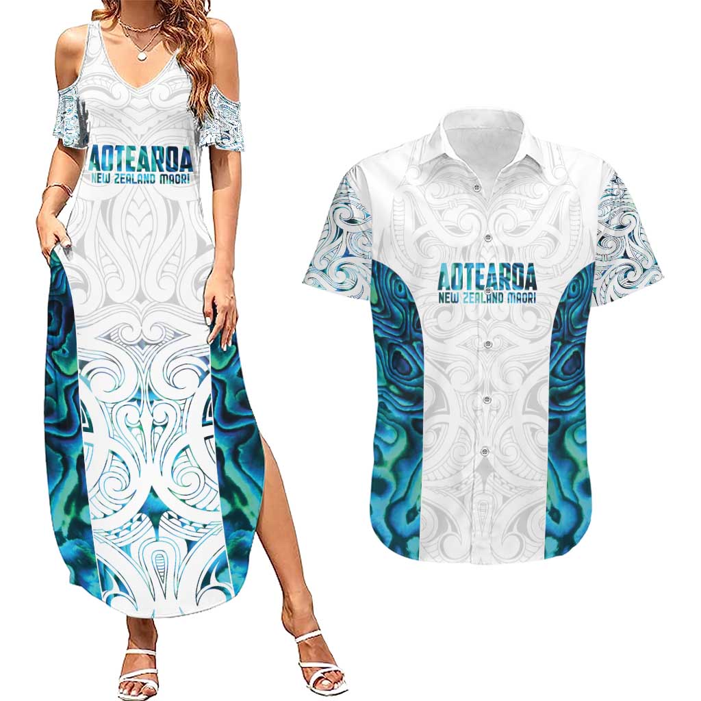 Custom New Zealand Aotearoa Couples Matching Summer Maxi Dress and Hawaiian Shirt Maori Paua Shell Indigenous - Polynesian Pride