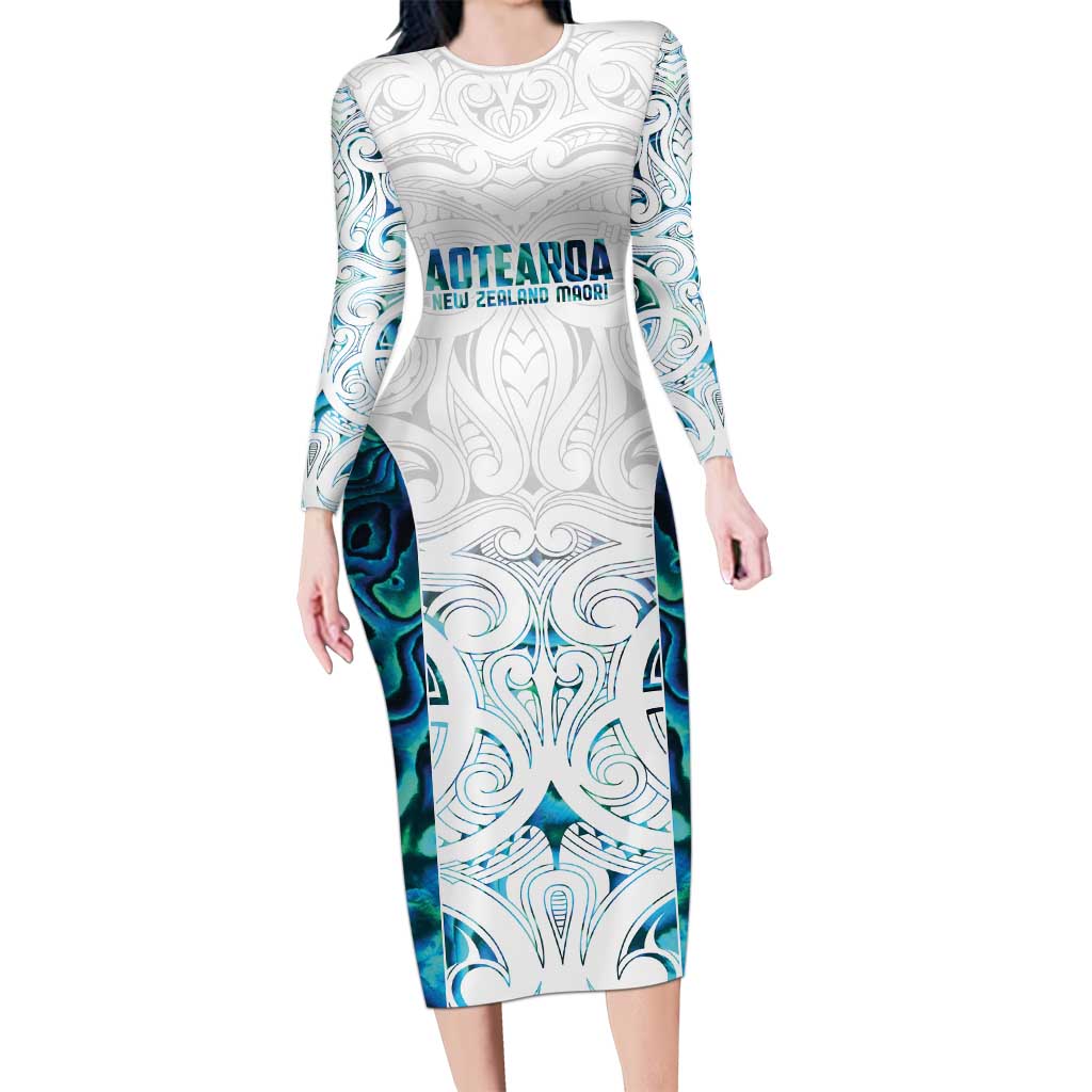 Custom New Zealand Aotearoa Family Matching Long Sleeve Bodycon Dress and Hawaiian Shirt Maori Paua Shell Indigenous LT9 Mom's Dress Blue - Polynesian Pride
