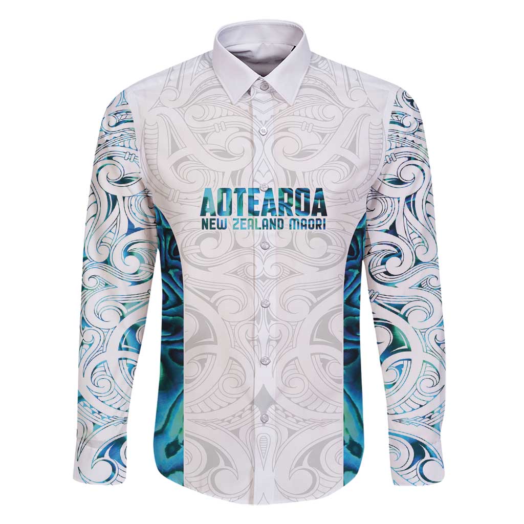 Custom New Zealand Aotearoa Family Matching Mermaid Dress and Hawaiian Shirt Maori Paua Shell Indigenous LT9 Dad's Shirt - Long Sleeve Blue - Polynesian Pride