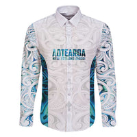 Custom New Zealand Aotearoa Family Matching Mermaid Dress and Hawaiian Shirt Maori Paua Shell Indigenous LT9 Dad's Shirt - Long Sleeve Blue - Polynesian Pride