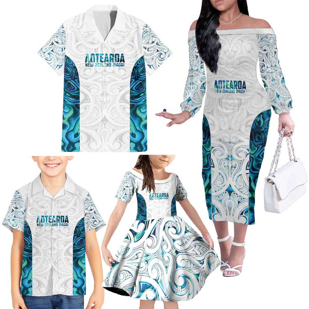 Custom New Zealand Aotearoa Family Matching Off The Shoulder Long Sleeve Dress and Hawaiian Shirt Maori Paua Shell Indigenous - Polynesian Pride