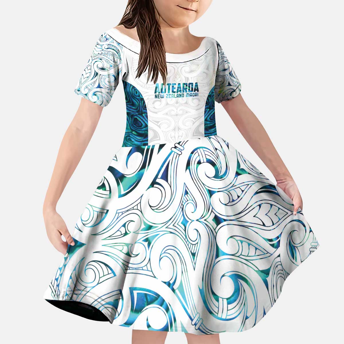 Custom New Zealand Aotearoa Kid Short Sleeve Dress Maori Paua Shell Indigenous - Polynesian Pride