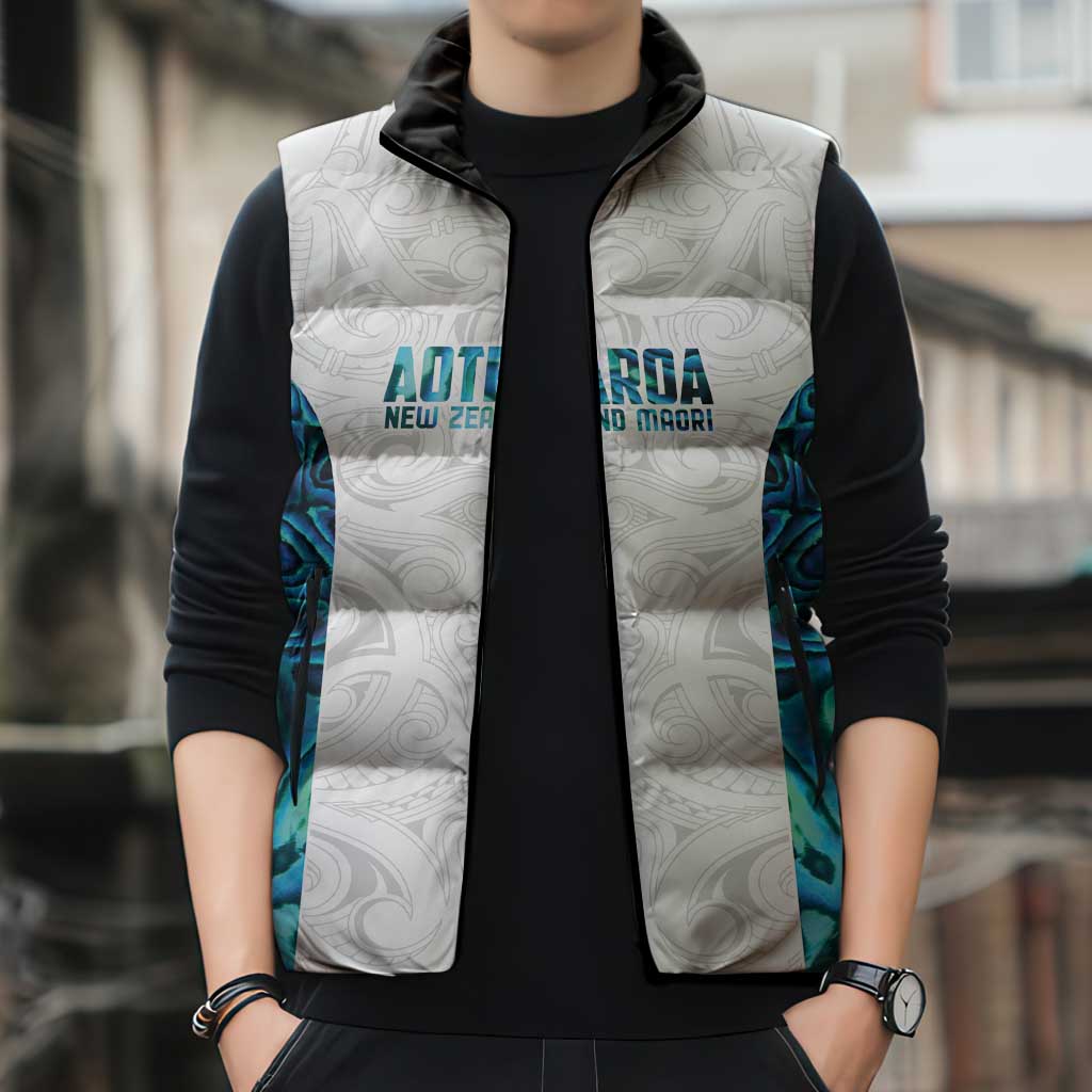 Custom New Zealand Aotearoa Sleeveless Puffer Jacket Maori Paua Shell Indigenous - Polynesian Pride