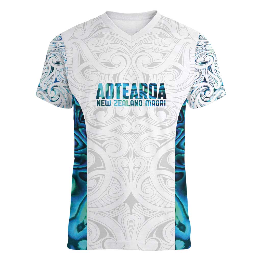 Custom New Zealand Aotearoa Women V-Neck T-Shirt Maori Paua Shell Indigenous - Polynesian Pride
