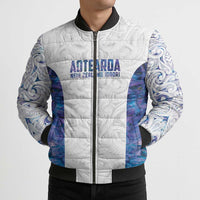Custom New Zealand Aotearoa Bomber Puffer Jacket Purple Maori Paua Shell Indigenous - Polynesian Pride