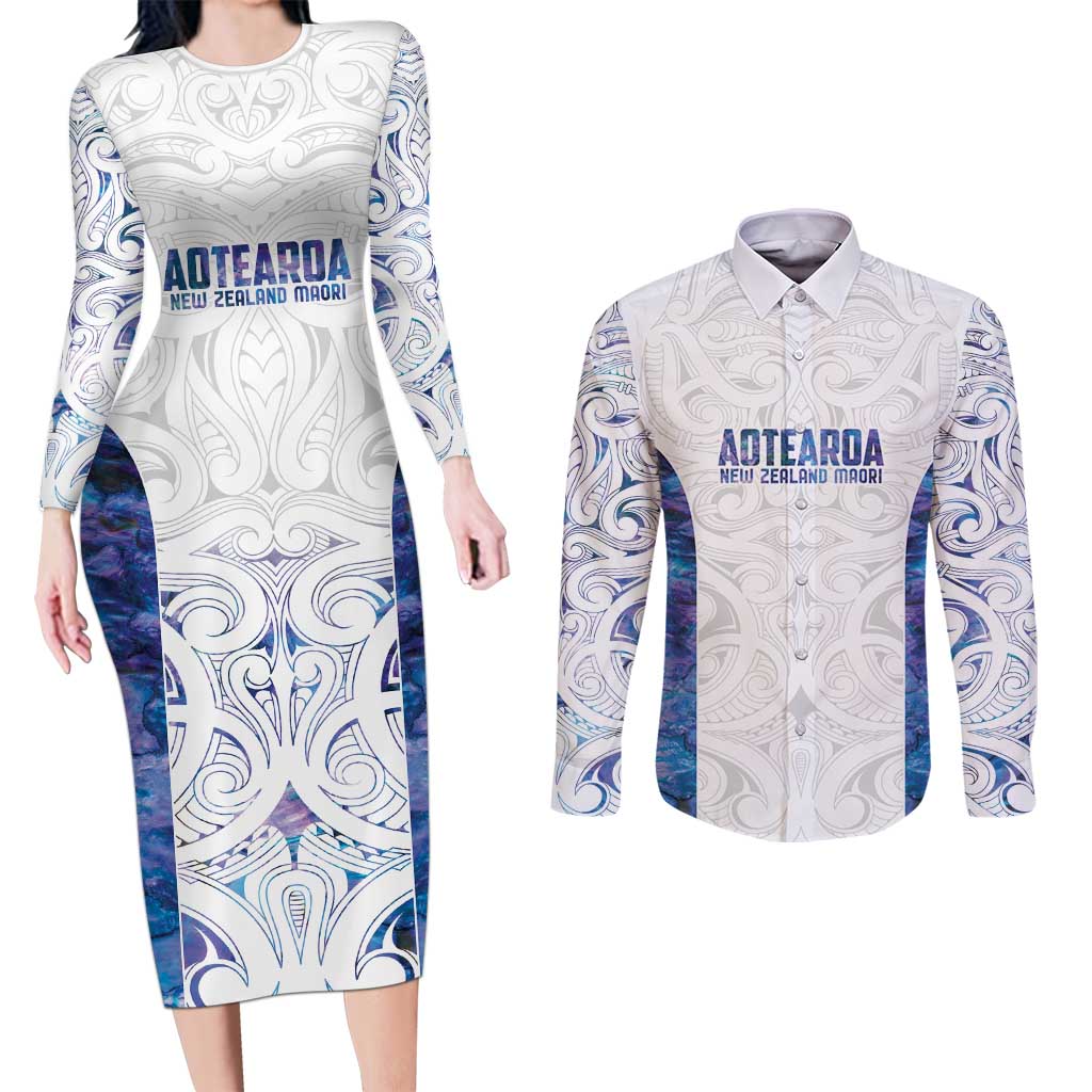 Custom New Zealand Aotearoa Couples Matching Long Sleeve Bodycon Dress and Long Sleeve Button Shirt Purple Maori Paua Shell Indigenous - Polynesian Pride