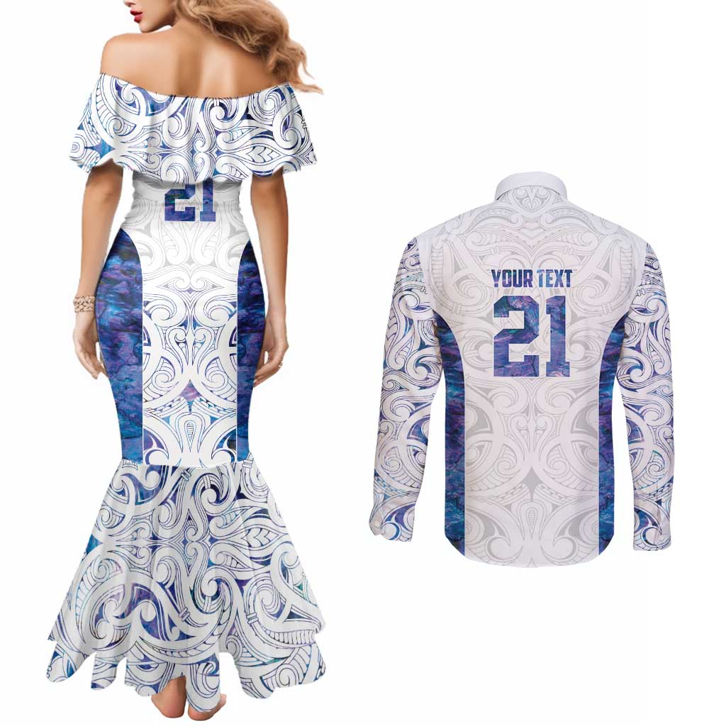 Custom New Zealand Aotearoa Couples Matching Mermaid Dress and Long Sleeve Button Shirt Purple Maori Paua Shell Indigenous - Polynesian Pride