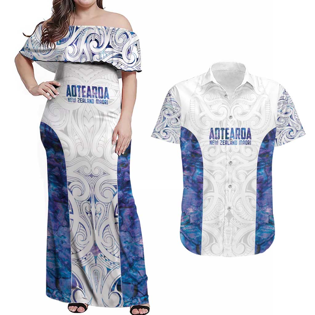 Custom New Zealand Aotearoa Couples Matching Off Shoulder Maxi Dress and Hawaiian Shirt Purple Maori Paua Shell Indigenous - Polynesian Pride