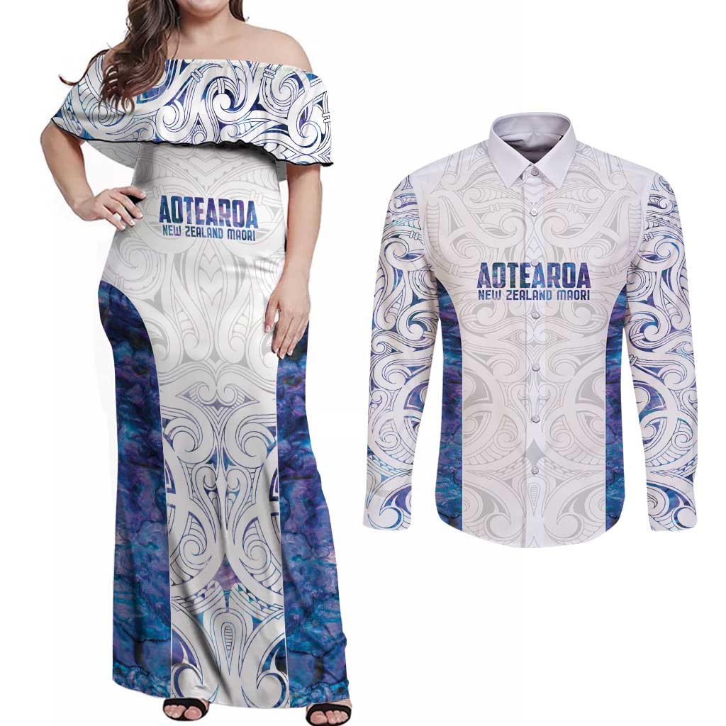 Custom New Zealand Aotearoa Couples Matching Off Shoulder Maxi Dress and Long Sleeve Button Shirt Purple Maori Paua Shell Indigenous - Polynesian Pride