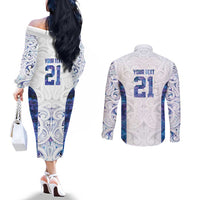 Custom New Zealand Aotearoa Couples Matching Off The Shoulder Long Sleeve Dress and Long Sleeve Button Shirt Purple Maori Paua Shell Indigenous - Polynesian Pride