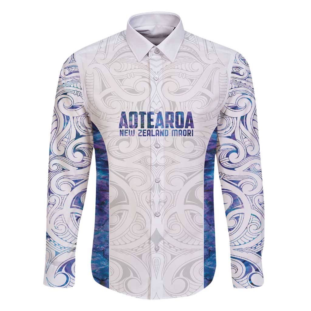 Custom New Zealand Aotearoa Family Matching Mermaid Dress and Hawaiian Shirt Purple Maori Paua Shell Indigenous LT9 Dad's Shirt - Long Sleeve Purple - Polynesian Pride