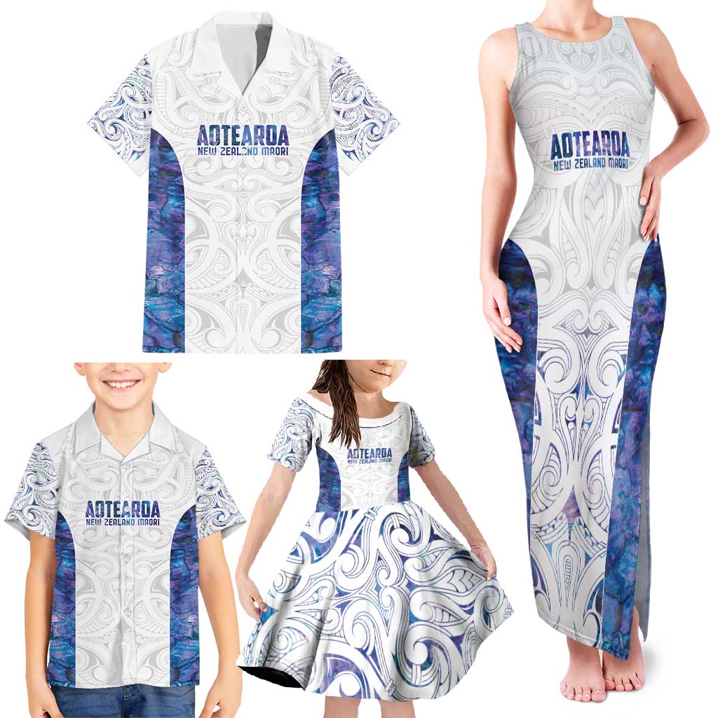 Custom New Zealand Aotearoa Family Matching Tank Maxi Dress and Hawaiian Shirt Purple Maori Paua Shell Indigenous - Polynesian Pride