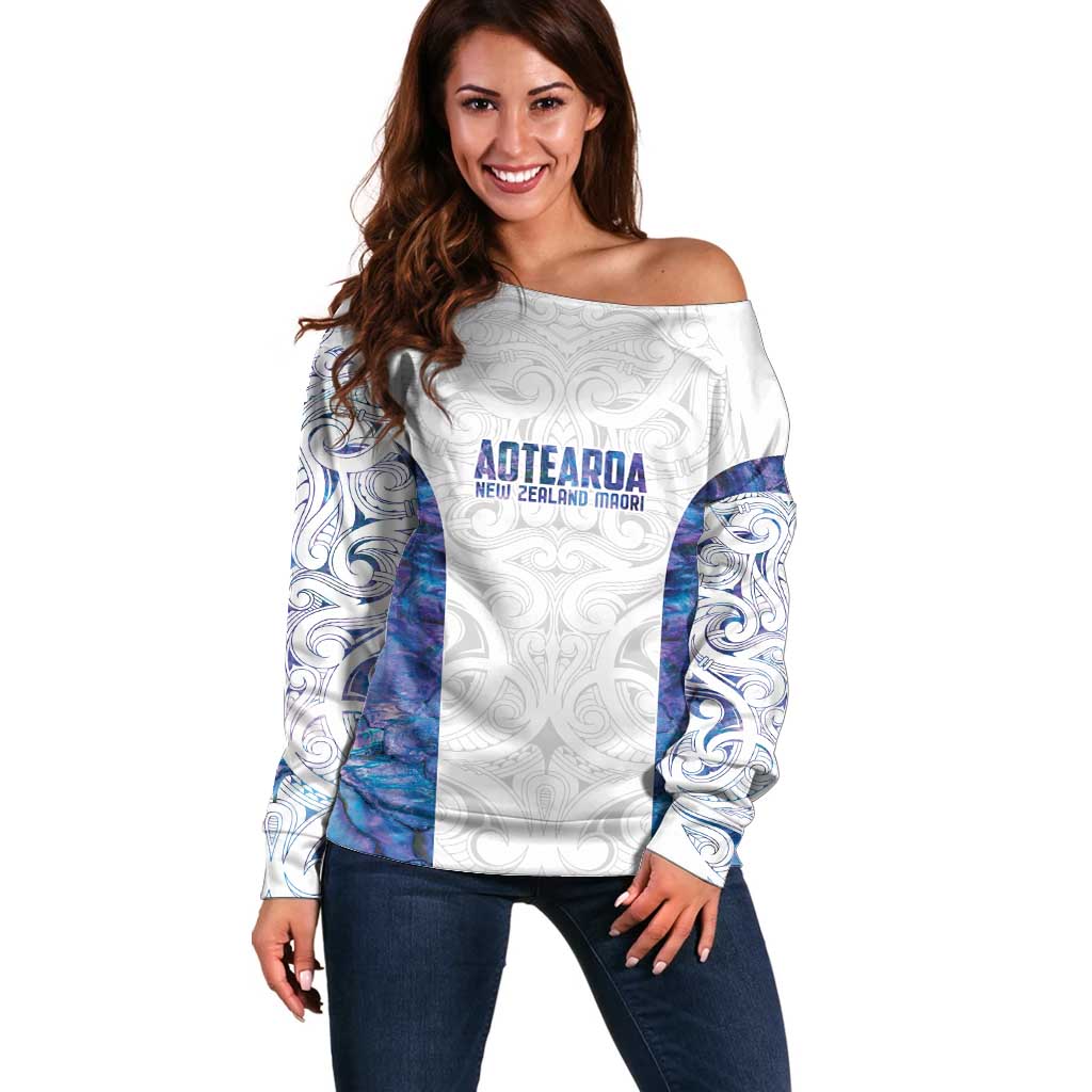 Custom New Zealand Aotearoa Off Shoulder Sweater Purple Maori Paua Shell Indigenous - Polynesian Pride