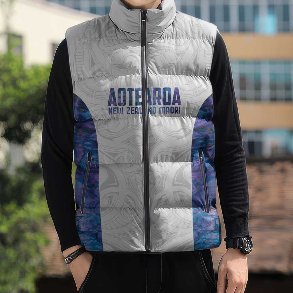 Custom New Zealand Aotearoa Sleeveless Puffer Jacket Purple Maori Paua Shell Indigenous - Polynesian Pride
