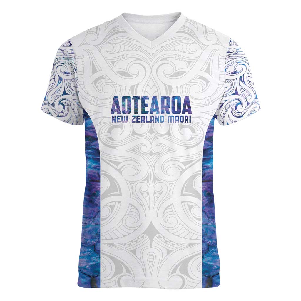 Custom New Zealand Aotearoa Women V-Neck T-Shirt Purple Maori Paua Shell Indigenous - Polynesian Pride