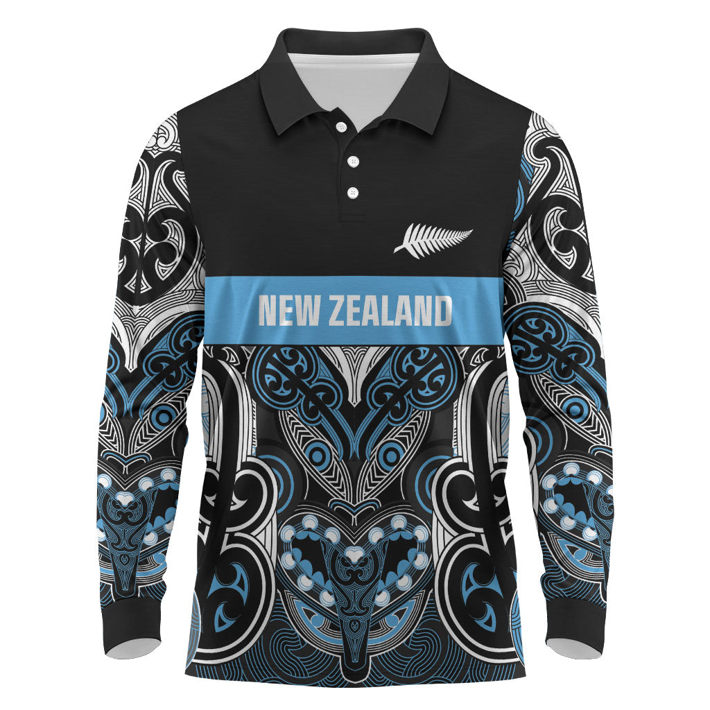 World Cricket Custom New Zealand Long Sleeve Polo Shirt Kia kaha nga Potae Pango LT9 Black - Polynesian Pride