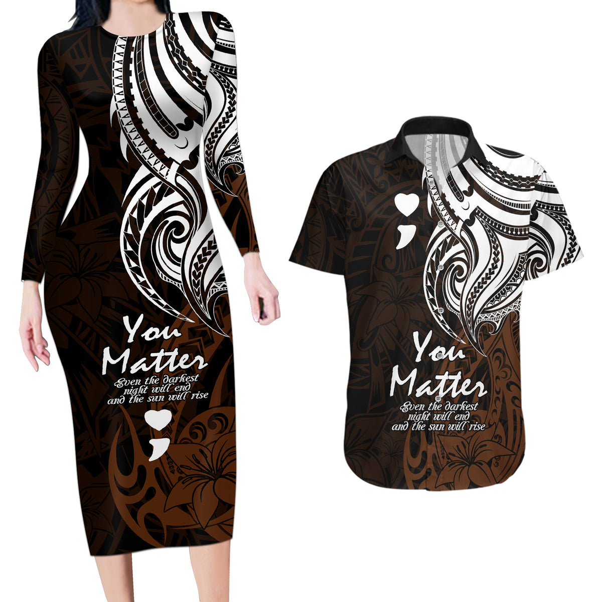 Your Matter Suicide Prevention Couples Matching Long Sleeve Bodycon Dress and Hawaiian Shirt Gold Polynesian Tribal LT9 Gold - Polynesian Pride