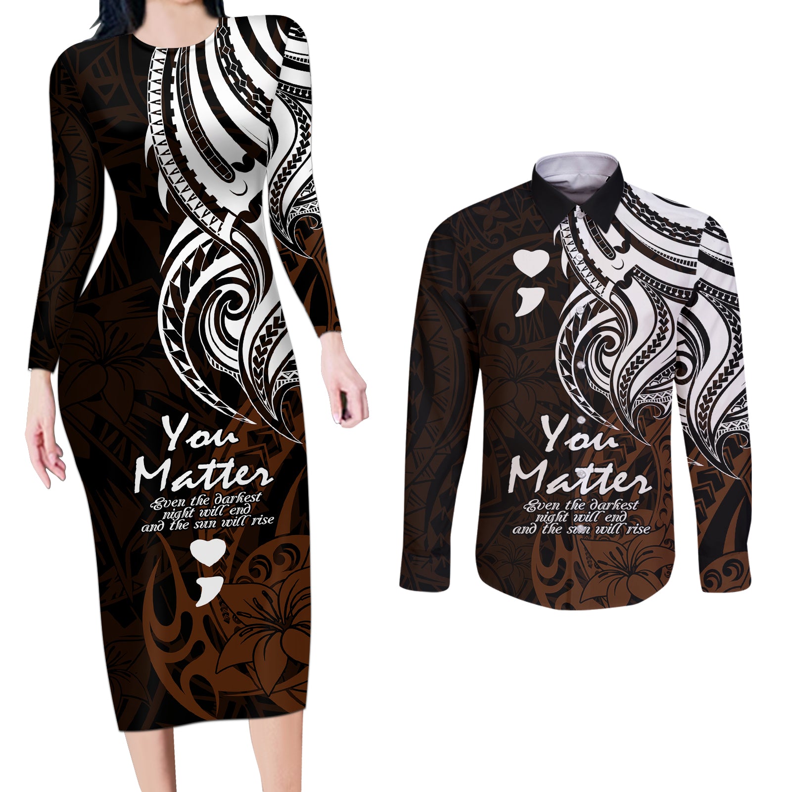 Your Matter Suicide Prevention Couples Matching Long Sleeve Bodycon Dress and Long Sleeve Button Shirts Gold Polynesian Tribal LT9 Gold - Polynesian Pride