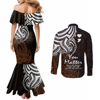 Your Matter Suicide Prevention Couples Matching Mermaid Dress and Long Sleeve Button Shirts Gold Polynesian Tribal LT9 - Polynesian Pride