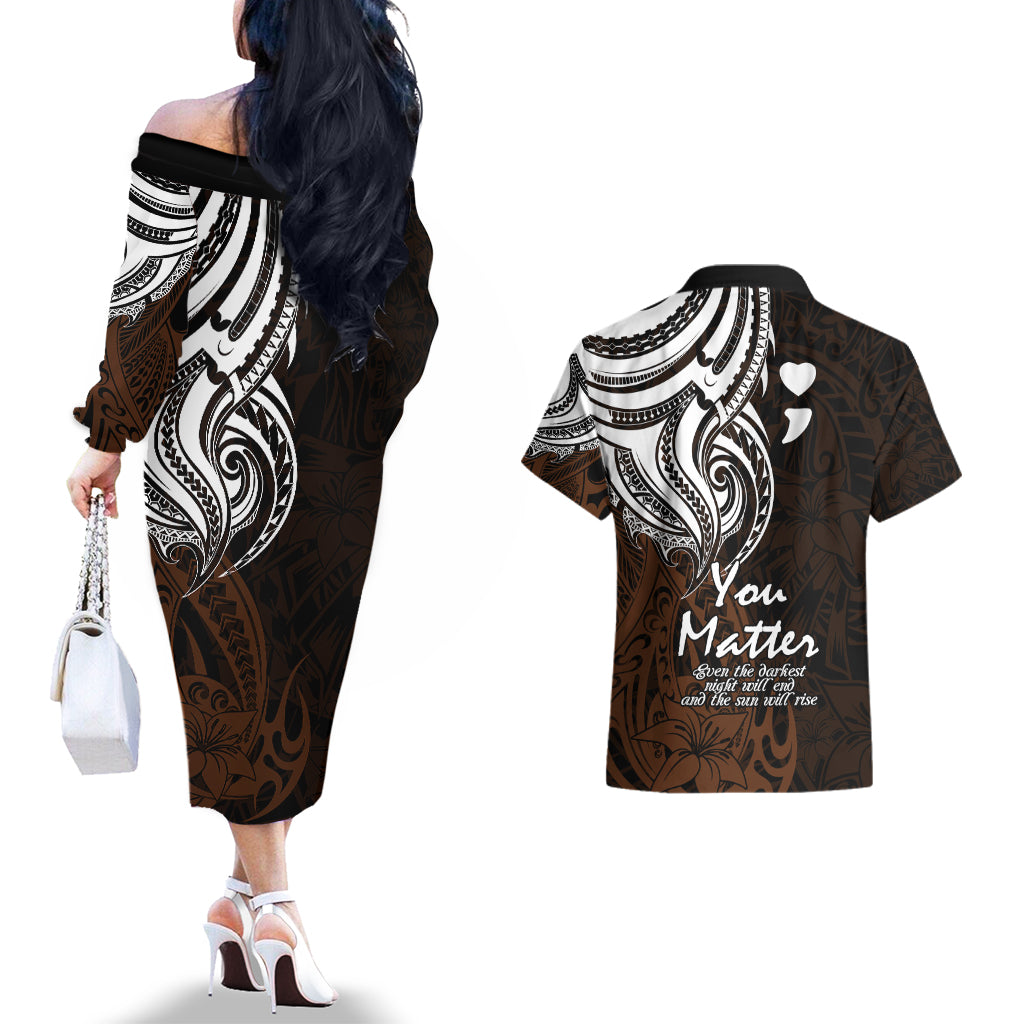 Your Matter Suicide Prevention Couples Matching Off The Shoulder Long Sleeve Dress and Hawaiian Shirt Gold Polynesian Tribal LT9 - Polynesian Pride