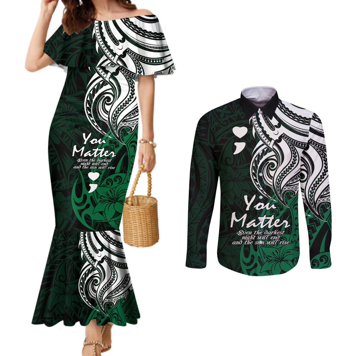 Your Matter Suicide Prevention Couples Matching Mermaid Dress and Long Sleeve Button Shirts Green Polynesian Tribal LT9 Green - Polynesian Pride