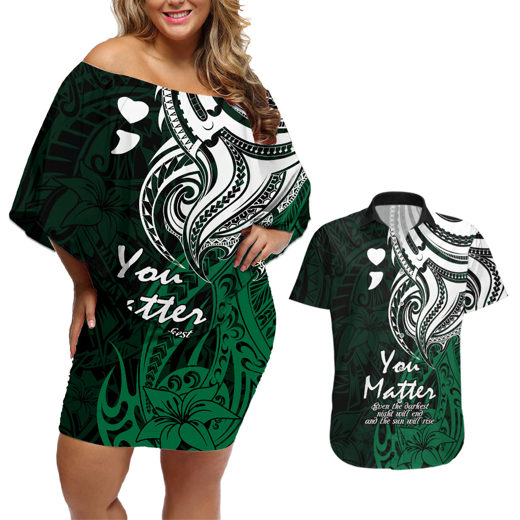 Your Matter Suicide Prevention Couples Matching Off Shoulder Short Dress and Hawaiian Shirt Green Polynesian Tribal LT9 Green - Polynesian Pride