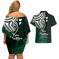 Your Matter Suicide Prevention Couples Matching Off Shoulder Short Dress and Hawaiian Shirt Green Polynesian Tribal LT9 - Polynesian Pride