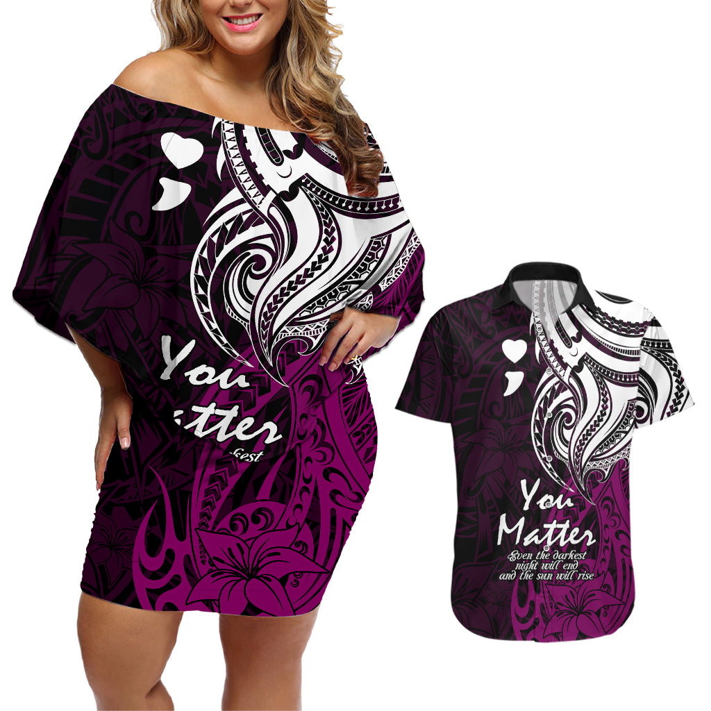 Your Matter Suicide Prevention Couples Matching Off Shoulder Short Dress and Hawaiian Shirt Pink Polynesian Tribal LT9 Pink - Polynesian Pride