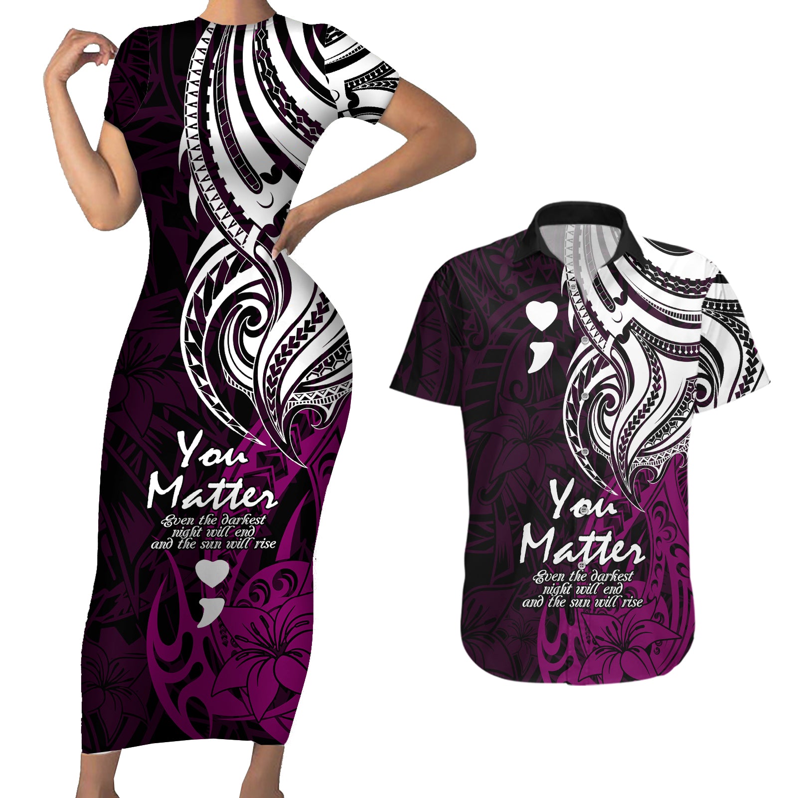 Your Matter Suicide Prevention Couples Matching Short Sleeve Bodycon Dress and Hawaiian Shirt Pink Polynesian Tribal LT9 Pink - Polynesian Pride