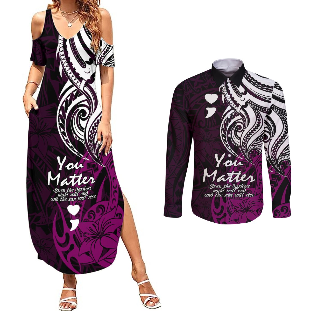 Your Matter Suicide Prevention Couples Matching Summer Maxi Dress and Long Sleeve Button Shirts Pink Polynesian Tribal LT9 Pink - Polynesian Pride