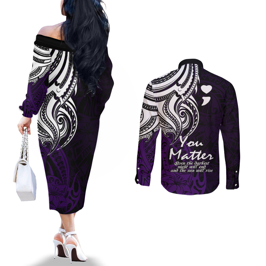Your Matter Suicide Prevention Couples Matching Off The Shoulder Long Sleeve Dress and Long Sleeve Button Shirts Purple Polynesian Tribal LT9 - Polynesian Pride