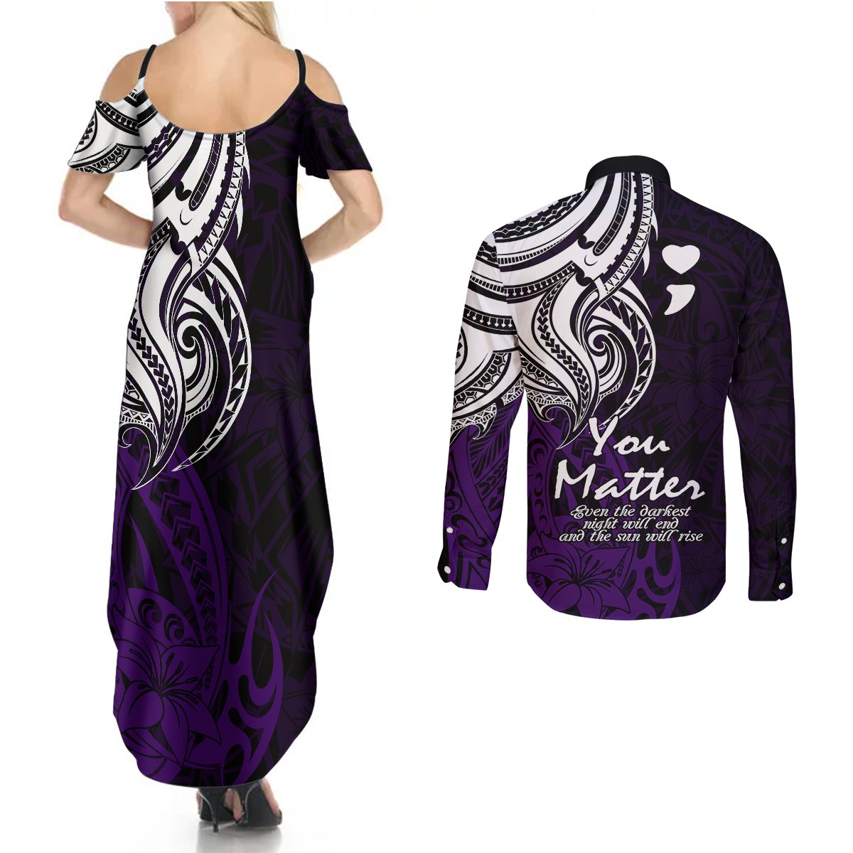 Your Matter Suicide Prevention Couples Matching Summer Maxi Dress and Long Sleeve Button Shirts Purple Polynesian Tribal LT9 - Polynesian Pride