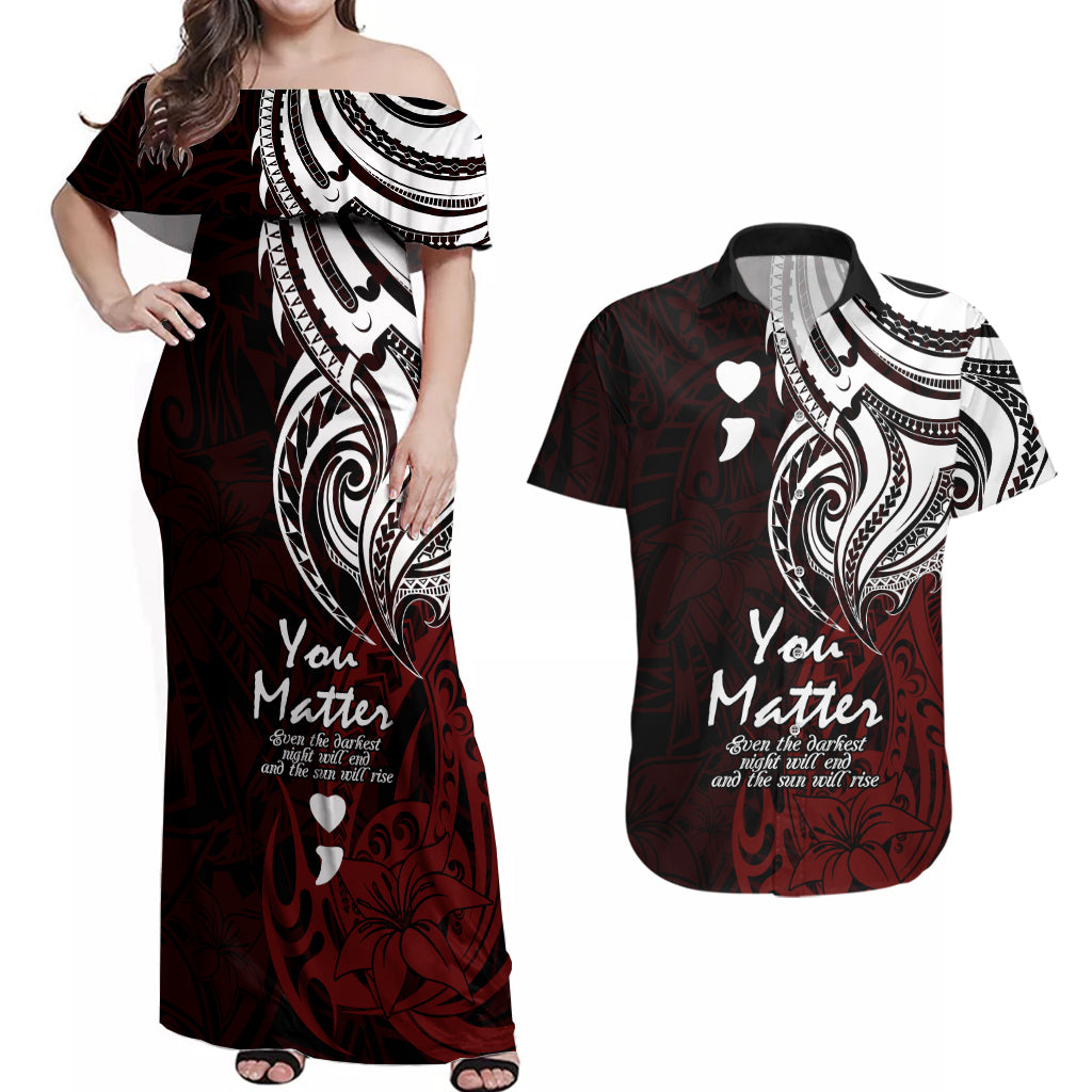 Your Matter Suicide Prevention Couples Matching Off Shoulder Maxi Dress and Hawaiian Shirt Red Polynesian Tribal LT9 Red - Polynesian Pride