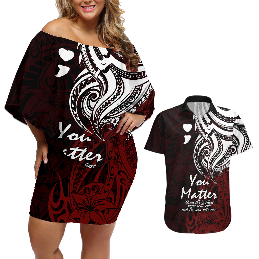 Your Matter Suicide Prevention Couples Matching Off Shoulder Short Dress and Hawaiian Shirt Red Polynesian Tribal LT9 Red - Polynesian Pride