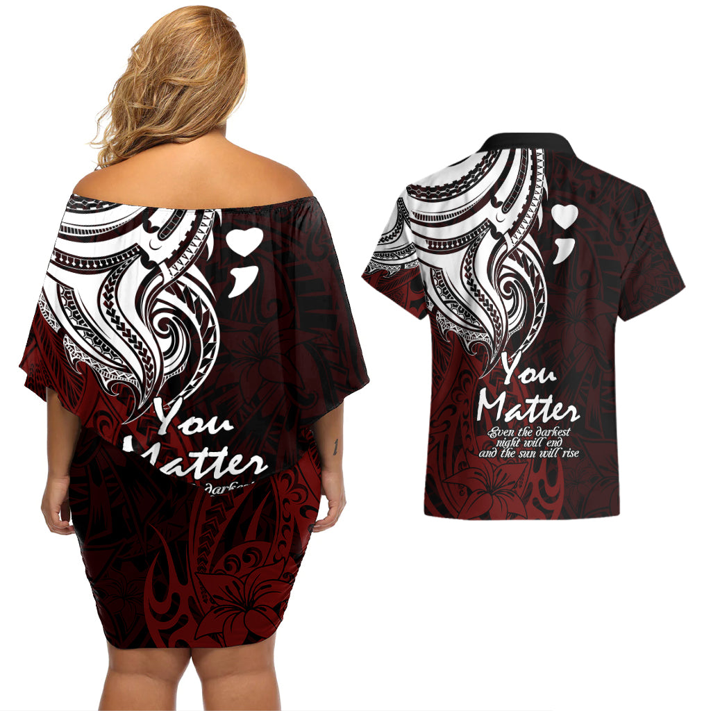 Your Matter Suicide Prevention Couples Matching Off Shoulder Short Dress and Hawaiian Shirt Red Polynesian Tribal LT9 - Polynesian Pride