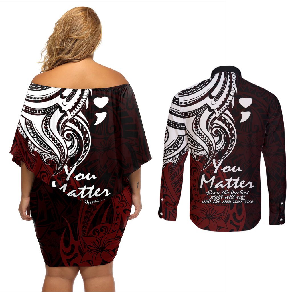 Your Matter Suicide Prevention Couples Matching Off Shoulder Short Dress and Long Sleeve Button Shirts Red Polynesian Tribal LT9 - Polynesian Pride