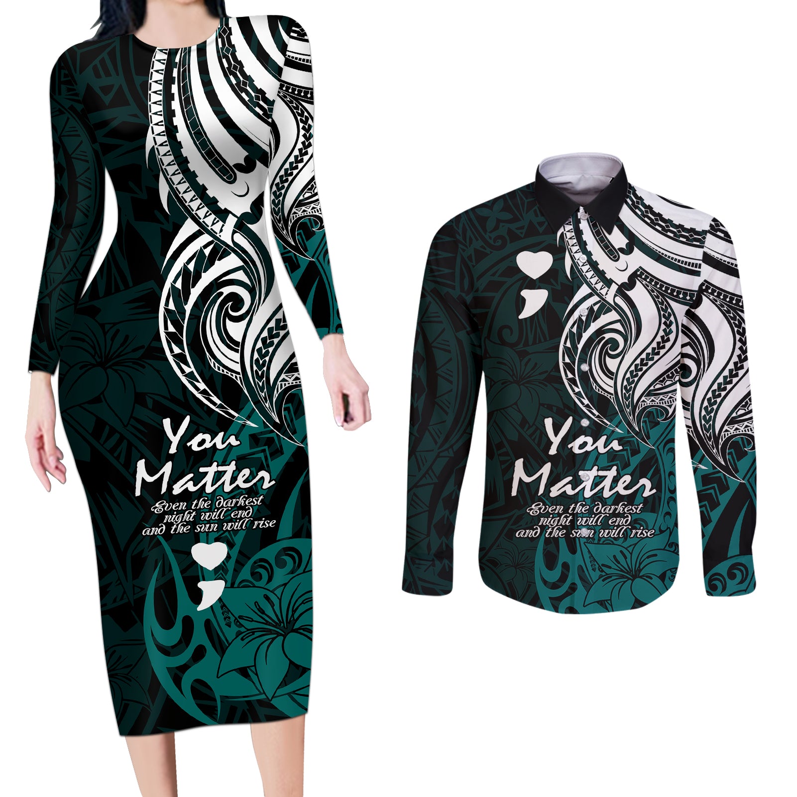 Your Matter Suicide Prevention Couples Matching Long Sleeve Bodycon Dress and Long Sleeve Button Shirts Turqoise Polynesian Tribal LT9 Turquoise - Polynesian Pride