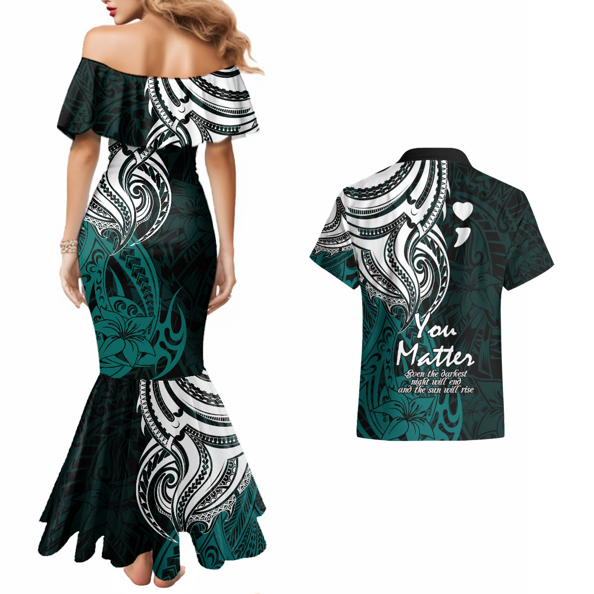 Your Matter Suicide Prevention Couples Matching Mermaid Dress and Hawaiian Shirt Turqoise Polynesian Tribal LT9 - Polynesian Pride