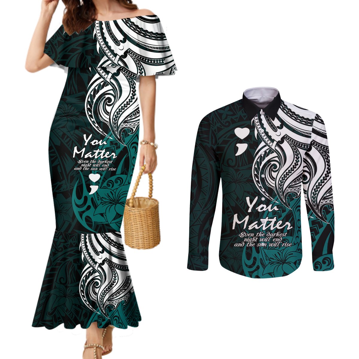 Your Matter Suicide Prevention Couples Matching Mermaid Dress and Long Sleeve Button Shirts Turqoise Polynesian Tribal LT9 Turquoise - Polynesian Pride