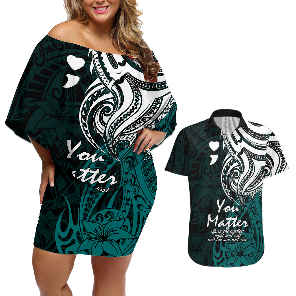 Your Matter Suicide Prevention Couples Matching Off Shoulder Short Dress and Hawaiian Shirt Turqoise Polynesian Tribal LT9 Turquoise - Polynesian Pride