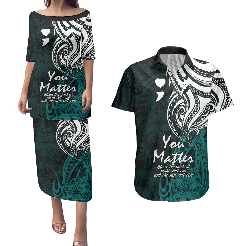 Your Matter Suicide Prevention Couples Matching Puletasi Dress and Hawaiian Shirt Turqoise Polynesian Tribal LT9 Turquoise - Polynesian Pride