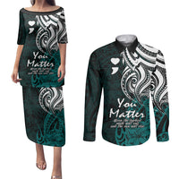 Your Matter Suicide Prevention Couples Matching Puletasi Dress and Long Sleeve Button Shirts Turqoise Polynesian Tribal LT9 Turquoise - Polynesian Pride