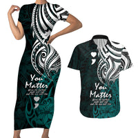 Your Matter Suicide Prevention Couples Matching Short Sleeve Bodycon Dress and Hawaiian Shirt Turqoise Polynesian Tribal LT9 Turquoise - Polynesian Pride
