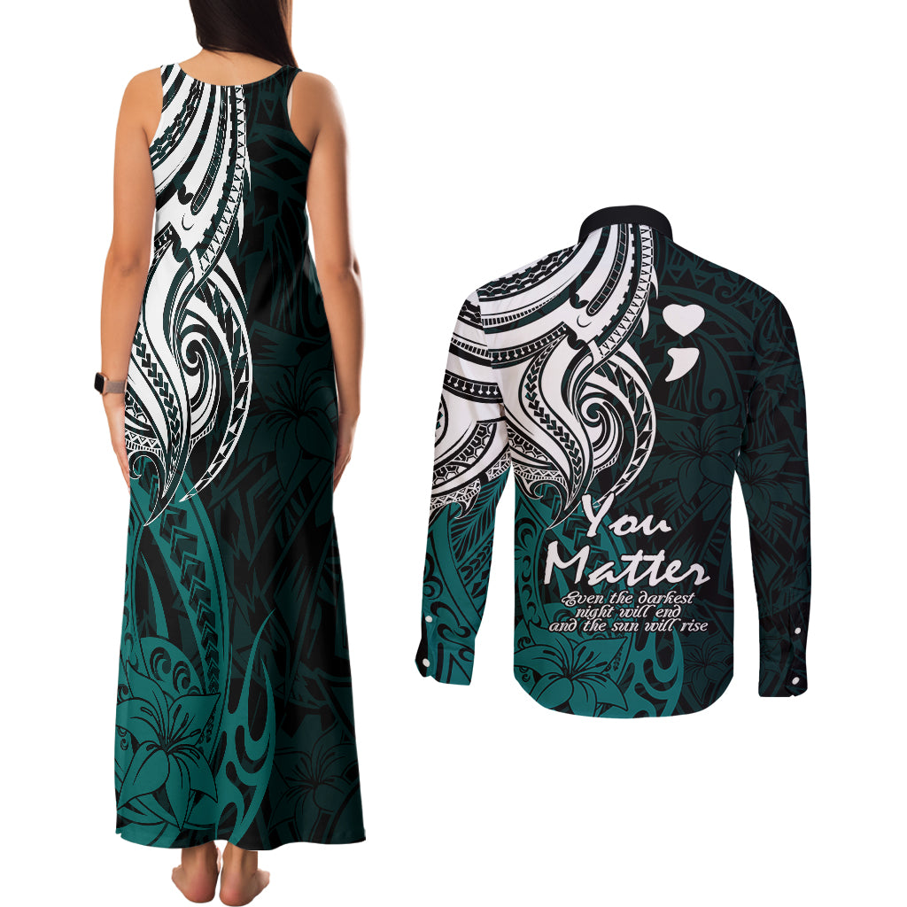Your Matter Suicide Prevention Couples Matching Tank Maxi Dress and Long Sleeve Button Shirts Turqoise Polynesian Tribal LT9 - Polynesian Pride