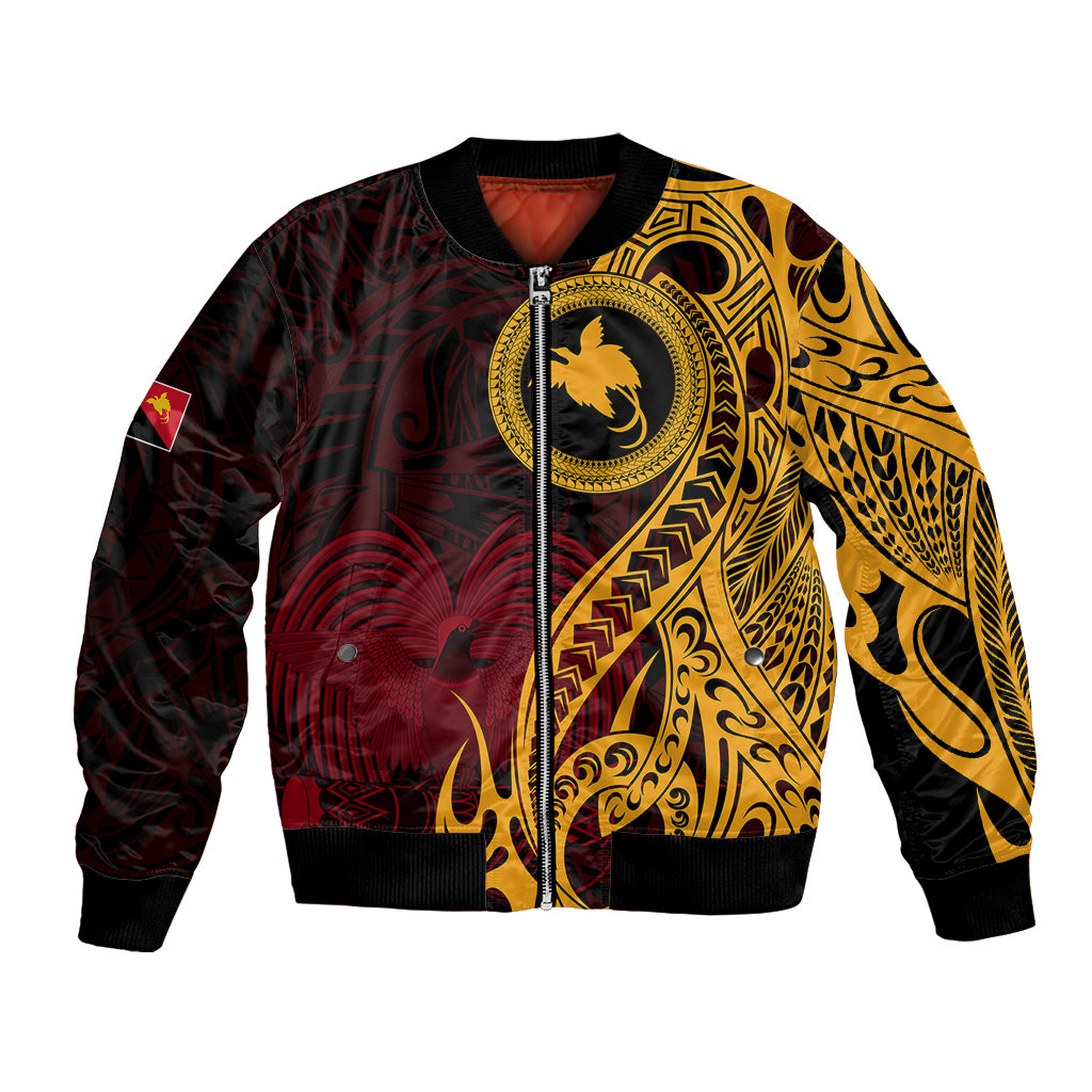 Papua New Guinea Island Bomber Jacket Bird of Paradise with Gold Polynesian Tribal LT9 Unisex Gold - Polynesian Pride