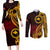 Papua New Guinea Island Couples Matching Long Sleeve Bodycon Dress and Long Sleeve Button Shirts Bird of Paradise with Gold Polynesian Tribal LT9 Gold - Polynesian Pride